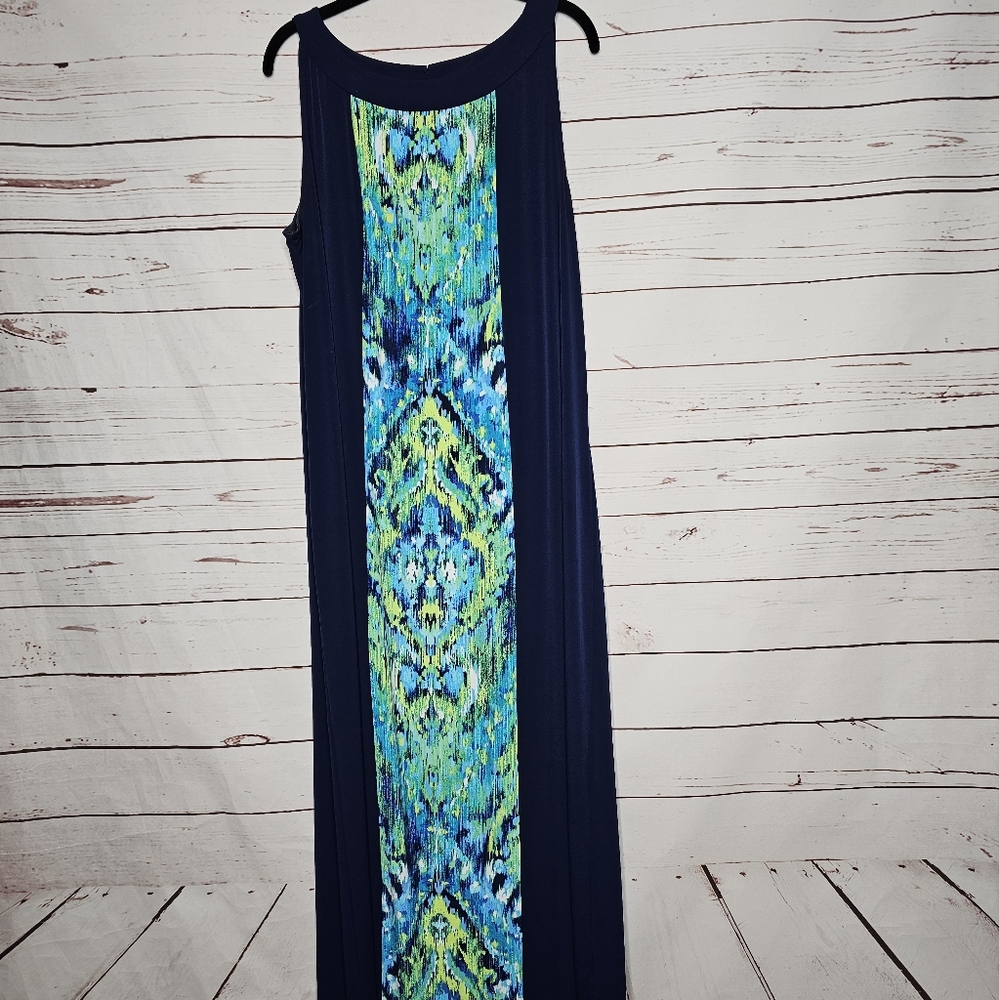 Catherines Sleeveless Navy and Green Patterned Maxi Dress